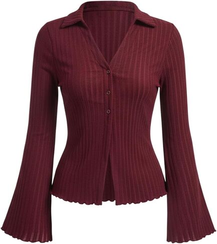 SOLY HUX Women's Button Down T Shirt Collared V Neck Bell Long Sleeve Casual Tops in Saudi Arabia