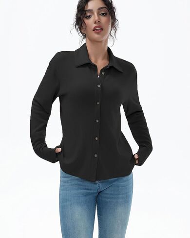 Women's Flannel Shirts Long Sleeve Collar Button Down Shirts Soft Solid Color Fleece Shirt in Saudi Arabia