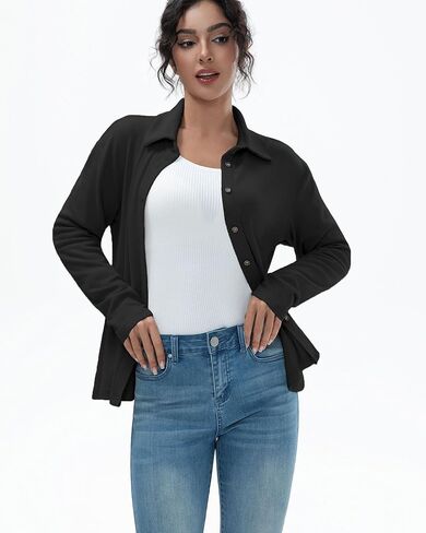 Women's Flannel Shirts Long Sleeve Collar Button Down Shirts Soft Solid Color Fleece Shirt in Saudi Arabia