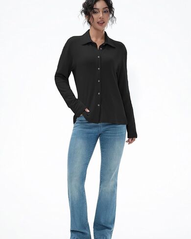 Women's Flannel Shirts Long Sleeve Collar Button Down Shirts Soft Solid Color Fleece Shirt in Saudi Arabia
