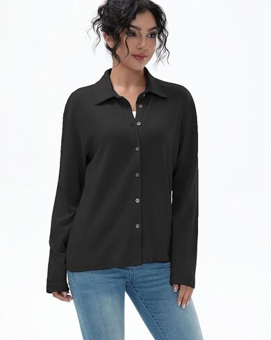Women's Flannel Shirts Long Sleeve Collar Button Down Shirts Soft Solid Color Fleece Shirt in Saudi Arabia