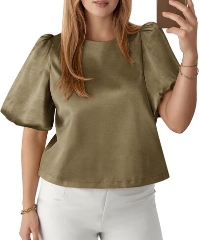 Tankaneo Womens Satin Silk Blouses Puff Short Sleeve Dressy Casual Tops Loose Fit Crew Neck Cropped Shirts in Saudi Arabia