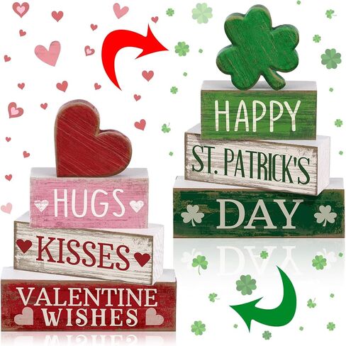5 Pcs Valentines Day Decoration for Home Reversible Valentine St. Patrick's Table Centerpiece Heart Shamrock Wooden Sign Decor Double Side Heart Irish Tiered Tray Decor for Home Table Shelf in Saudi Arabia