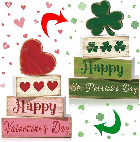 5 Pcs Valentines Day Decoration for Home Reversible Valentine St. Patrick's Table Centerpiece Heart Shamrock Wooden Sign Decor Double Side Heart Irish Tiered Tray Decor for Home Table Shelf in Saudi Arabia