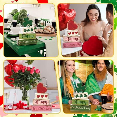 5 Pcs Valentines Day Decoration for Home Reversible Valentine St. Patrick's Table Centerpiece Heart Shamrock Wooden Sign Decor Double Side Heart Irish Tiered Tray Decor for Home Table Shelf in Saudi Arabia
