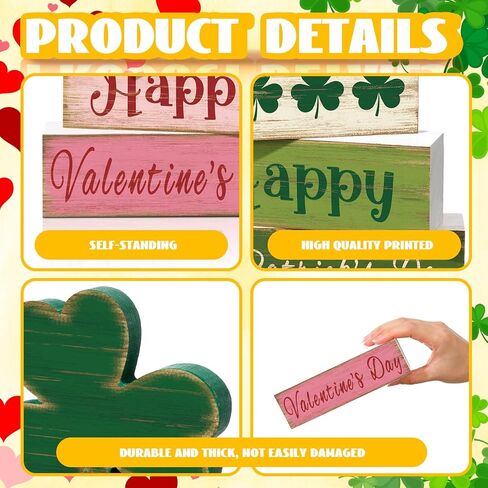5 Pcs Valentines Day Decoration for Home Reversible Valentine St. Patrick's Table Centerpiece Heart Shamrock Wooden Sign Decor Double Side Heart Irish Tiered Tray Decor for Home Table Shelf in Saudi Arabia