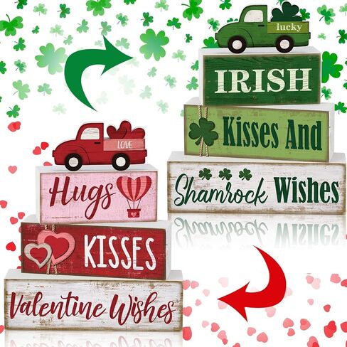 5 Pcs Valentines Day Decoration for Home Reversible Valentine St. Patrick's Table Centerpiece Heart Shamrock Wooden Sign Decor Double Side Heart Irish Tiered Tray Decor for Home Table Shelf in Saudi Arabia