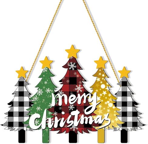 لافتة باب خشبية لعيد الميلاد المجيد مع منقوشة وشجرة الجاموس - علامة ترحيب إكليل باب شجرة عيد الميلاد للباب الأمامي والجدار والشرفة - ديكور عطلة المزرعة in Kuwait