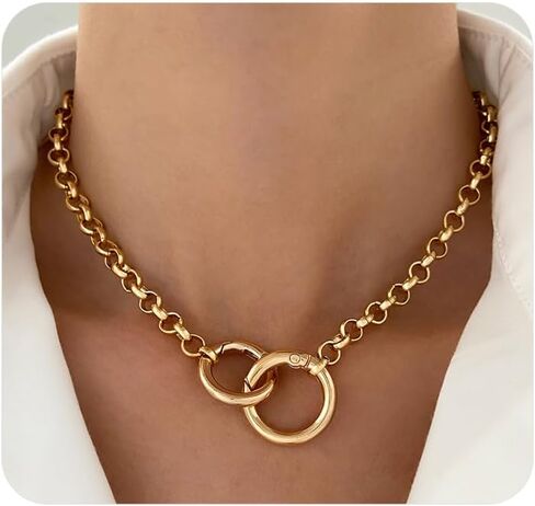 Gold Big Circle Charm Necklace for Women,Simple Chain Link Interlocking Circle Choker Necklace,Trendy Chunky Statement Jewelry Accessories in Saudi Arabia