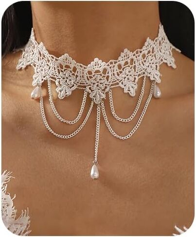 Lace Choker Necklace for Women White Lace Tassel Pendant Choker Necklaces Elegant Boho Collar Necklaces Statement Artistic Chain Necklace with Pearl Halloween Party Cosplay Costume Jewelry in Saudi Arabia
