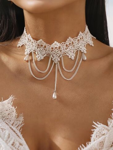 Lace Choker Necklace for Women White Lace Tassel Pendant Choker Necklaces Elegant Boho Collar Necklaces Statement Artistic Chain Necklace with Pearl Halloween Party Cosplay Costume Jewelry in Saudi Arabia
