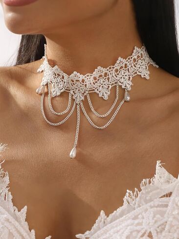Lace Choker Necklace for Women White Lace Tassel Pendant Choker Necklaces Elegant Boho Collar Necklaces Statement Artistic Chain Necklace with Pearl Halloween Party Cosplay Costume Jewelry in Saudi Arabia
