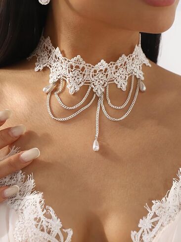 Lace Choker Necklace for Women White Lace Tassel Pendant Choker Necklaces Elegant Boho Collar Necklaces Statement Artistic Chain Necklace with Pearl Halloween Party Cosplay Costume Jewelry in Saudi Arabia