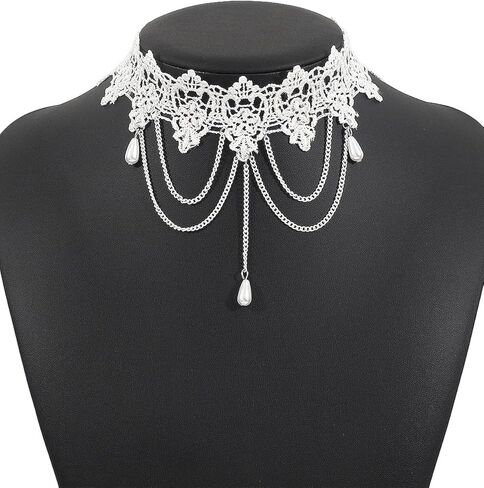 Lace Choker Necklace for Women White Lace Tassel Pendant Choker Necklaces Elegant Boho Collar Necklaces Statement Artistic Chain Necklace with Pearl Halloween Party Cosplay Costume Jewelry in Saudi Arabia