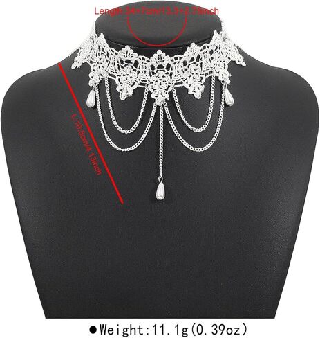 Lace Choker Necklace for Women White Lace Tassel Pendant Choker Necklaces Elegant Boho Collar Necklaces Statement Artistic Chain Necklace with Pearl Halloween Party Cosplay Costume Jewelry in Saudi Arabia