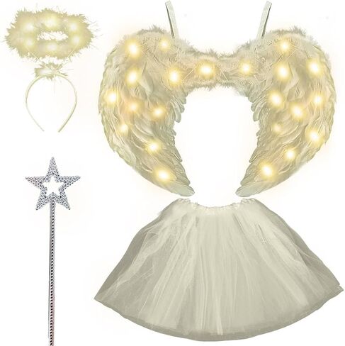 Angel Costumes Wings and Halo with LED Lights for Adult Women Kids Light Up Wings Tutu Skirt Star Wands Halloween Set 4PCS in Kuwait