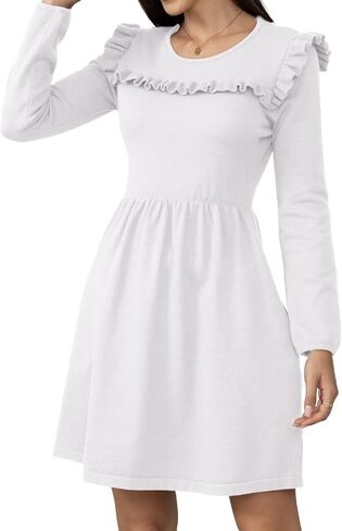 Jayscreate Women's Thick Winter Sweater Dress Elastic Waist Pocket Ruffle Shoulder 2025 Long Sleeve Business Casual Dress in Saudi Arabia
