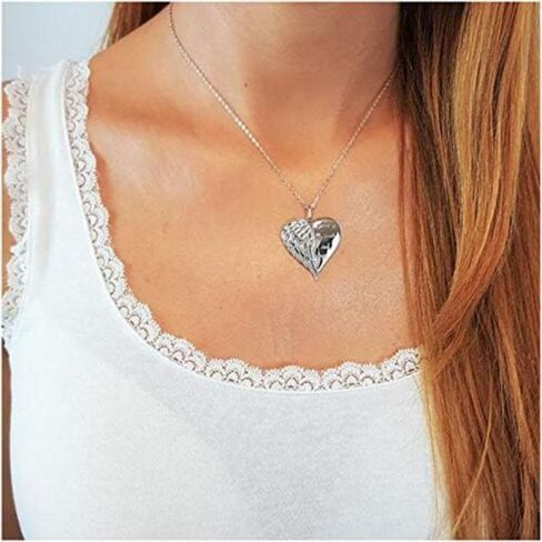 Elegant Hypoallergenic Jewelry Gifts Clavicle Chain Angel Wing Heart Pendant Necklace Guardian Angel Charm Necklace Minimalist Necklace(Silver) in Saudi Arabia