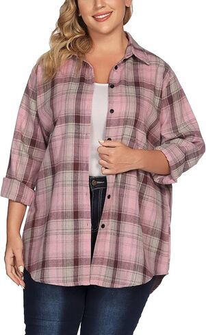 Womens Plus Size Flannel Plaid Shirt Roll Up Long Sleeve Mid-Long Button Down Shirts Casual Boyfriend Tops in Saudi Arabia