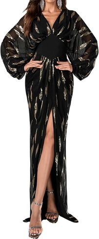 DOUMIFLY Women's Sexy Deep V Neck Long Sleeve High Split Party Evening Long Formal Dress in Saudi Arabia