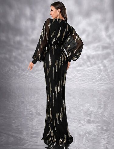 DOUMIFLY Women's Sexy Deep V Neck Long Sleeve High Split Party Evening Long Formal Dress in Saudi Arabia