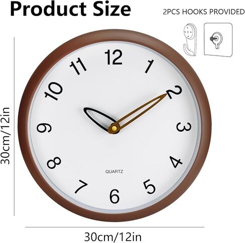 ساعة حائط، ساعات حائط 12 بوصة تعمل بالبطارية، ساعة تناظرية صامتة غير موقوتة بأرقام كبيرة، ساعات يد خشبية حديثة كريمية لغرفة المعيشة وغرفة النوم والمطبخ والفندق والمزرعة، بني in Kuwait