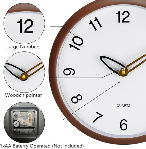 ساعة حائط، ساعات حائط 12 بوصة تعمل بالبطارية، ساعة تناظرية صامتة غير موقوتة بأرقام كبيرة، ساعات يد خشبية حديثة كريمية لغرفة المعيشة وغرفة النوم والمطبخ والفندق والمزرعة، بني in Kuwait