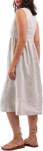 Amazhiyu Women's 100% Linen Sleeveless Button Front Pleated Summer Midi Dress in Saudi Arabia