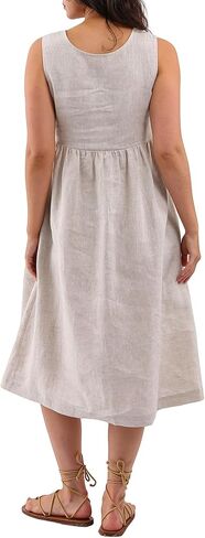 Amazhiyu Women's 100% Linen Sleeveless Button Front Pleated Summer Midi Dress in Saudi Arabia