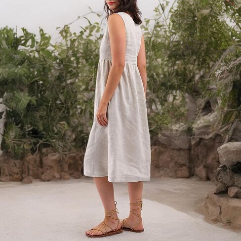 Amazhiyu Women's 100% Linen Sleeveless Button Front Pleated Summer Midi Dress in Saudi Arabia