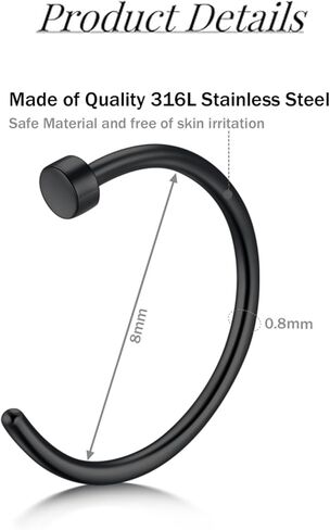 FECTAS 20G Hoop Nose Rings for Women Men C Shape Nose Piercings Jewelry Septum Nose Rings Hoops Nostril Septum Jewelry Cartilage Earrings Silver Black in Saudi Arabia