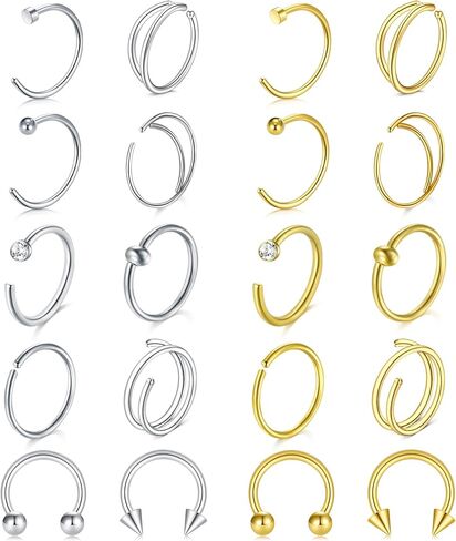FECTAS 20G Hoop Nose Rings for Women Men C Shape Nose Piercings Jewelry Septum Nose Rings Hoops Nostril Septum Jewelry Cartilage Earrings Silver Black in Saudi Arabia