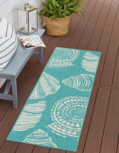 Rugs.com سجادة المجموعة الساحلية الخارجية - سجادة مسطحة منسوجة باللون الأزرق المخضر مقاس 2 × 6 بوصة مثالية للممرات والمداخل in Saudi Arabia