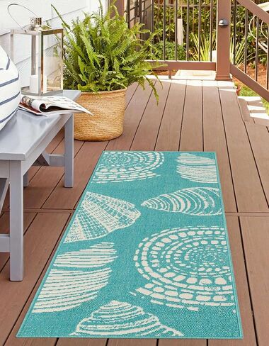 Rugs.com سجادة المجموعة الساحلية الخارجية - سجادة مسطحة منسوجة باللون الأزرق المخضر مقاس 2 × 6 بوصة مثالية للممرات والمداخل in Saudi Arabia