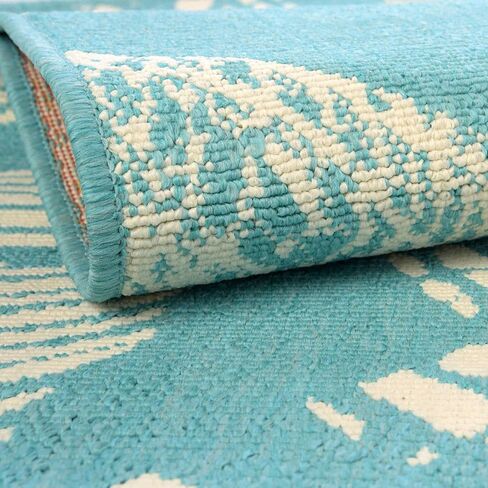 Rugs.com سجادة المجموعة الساحلية الخارجية - سجادة مسطحة منسوجة باللون الأزرق المخضر مقاس 2 × 6 بوصة مثالية للممرات والمداخل in Saudi Arabia