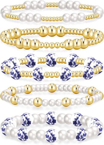 iF YOU Gold Beaded Bracelets for Women, Gold Pearl Bead Bracelet Stack 14K Gold Plated, Trendy Stackable Stretch Ball Bracelet Set Jewelry in Kuwait