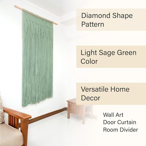 Thick Macrame Wall Art Tapestry - Handmade Boho Door Curtain - Light Sage Green Bohemian Room Divider - Doorway Beads Hanging Decor for Bedroom Living Room 40" x 80" in Saudi Arabia