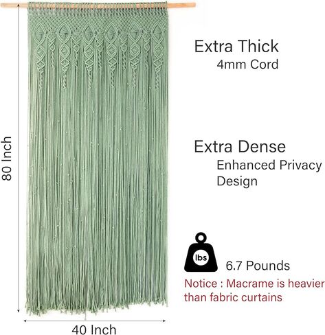 Thick Macrame Wall Art Tapestry - Handmade Boho Door Curtain - Light Sage Green Bohemian Room Divider - Doorway Beads Hanging Decor for Bedroom Living Room 40" x 80" in Saudi Arabia