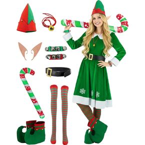 9 Pack Women Christmas Elf Costume Cosplay Velvet Dress Socks Elf Hat Ears Shoes Belt Necklace Bracelet Candy Cane in Saudi Arabia
