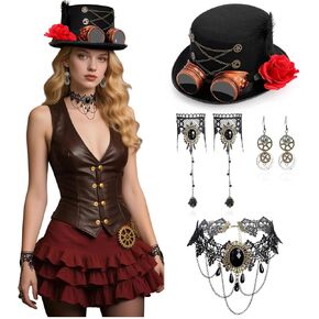 5 Pcs Steampunk Costume Accessories for Women with Hat Gear Earrings Gothic Floral Bracelet Choker for Halloween Steampunk Medieval Renaissance Cosplay Black in Saudi Arabia