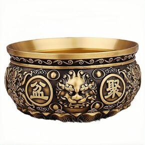 Feng Shui Money Bowl Solid Brass Handmade, 13x13x6cm Wealth Attracting Bowl with Prosperity Lion and Lotus, Eight Blessings Engraved Gold Decor for Office Desk Altar, 525g 1.15lb in Saudi Arabia
