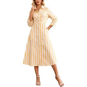 فستان نسائي طويل مخطط بأزرار سفلية كاجوال 3/4 كم طويل على الشاطئ لقضاء العطلات in Kuwait