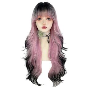 Black Pink Gradient Wig Women Long Wavy Hair with Bangs Heat Resistant Synthetic Fiber Wig for Fancy Party in Saudi Arabia