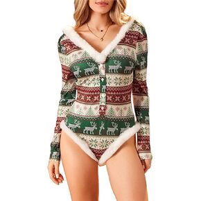 بدلة قفز قصيرة بأكمام طويلة للنساء للكريسماس ورقبة على شكل حرف V وزر سفلي من القطيفة لطباعة عيد الميلاد بيجامة نيسيي بدلة رومبير in Kuwait