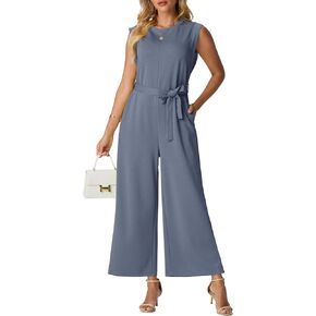 Lepunuo Jumpsuits for Women Dressy Casual Crewneck One Piece Overalls Wide Leg Jumpers Wrinkle-Free Tie Knot Rompers in Kuwait
