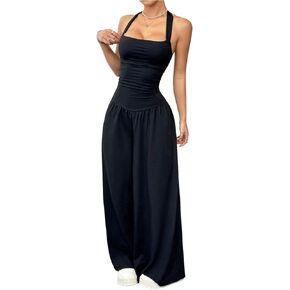 Verdusa Women's Tie Back Wide Leg Jumpsuits Ruched Sleeveless Halter One Piece Brunch Outfits in Saudi Arabia