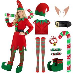 9pcs Women Christmas Elf Costume Velvet Dress Santa's Helper Cospaly Outfits Elf Hat Ears Shoes Socks Belt Cane Set in Saudi Arabia