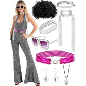 مجموعة أزياء ديسكو السبعينيات للنساء، مجموعة أزياء بذلة ريترو، إكسسوارات السبعينيات، نظارات شعر مستعار لحفلات الهالوين in Kuwait