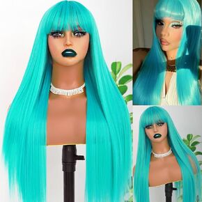 Lake Green With Bangs Straight Synthetic Cosplay Light Green Wig For Women Colorful Heat Resistant Purple Wig For Woman Egirl Wig Halloween (Synthetic, 24 Inch) in Saudi Arabia