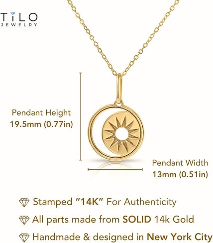 TILO JEWELRY 14K Solid Yellow Gold Diamond-Cut Sun and Cresent Moon Pendant Charm. in Saudi Arabia